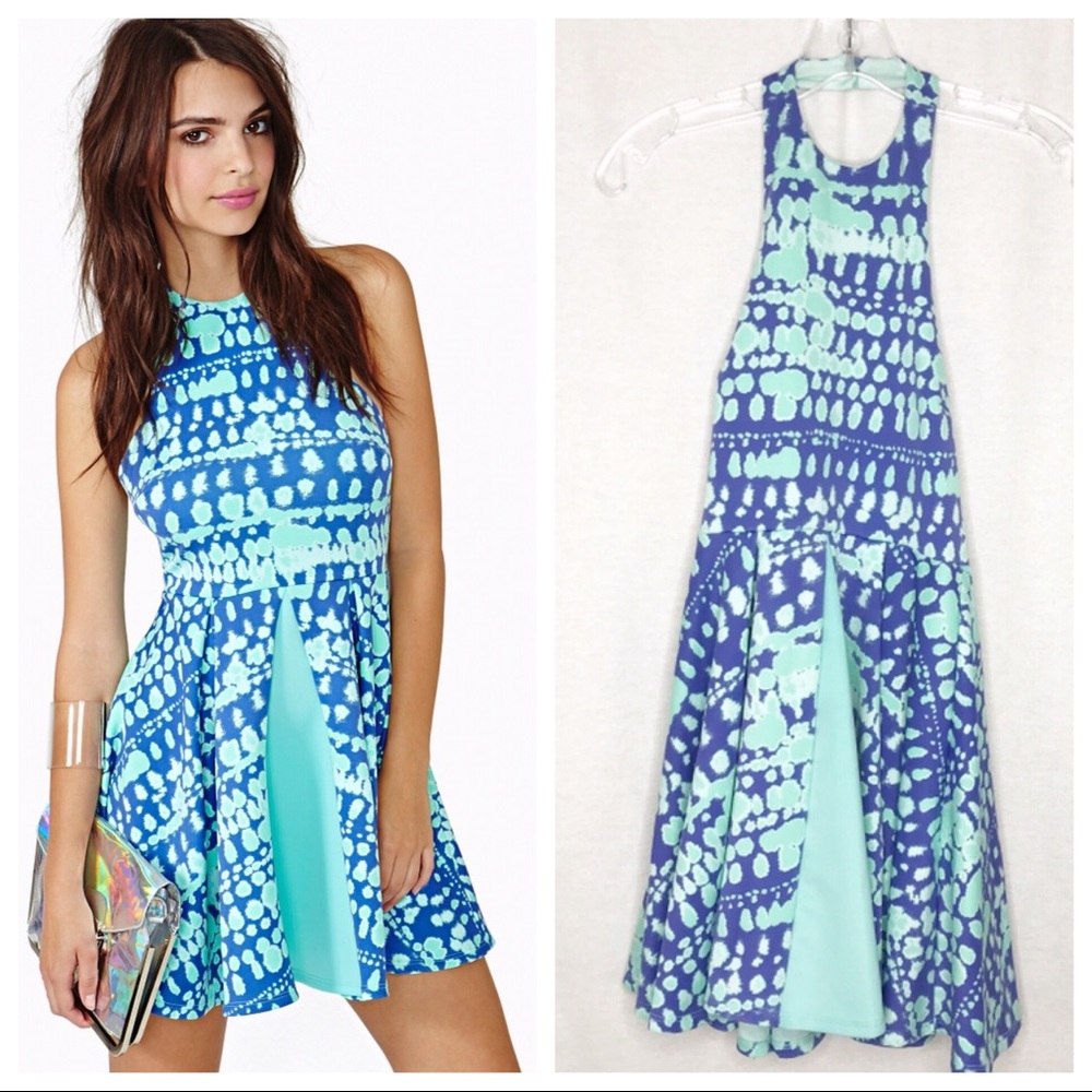 Nasty Gal Blue and Mint Printed Skater Dress